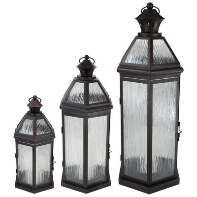 Melrose Set of 3 Modern Chic Brown Pillar Candle Lanterns with Textured Lava Glass 29.5"