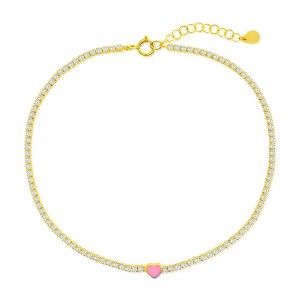 Bella Silver Sterling Silver, Enamel Heart, CZ Tennis Gold Plated Anklet - Pink - Gold - 9+1 Inch - 1 of 2