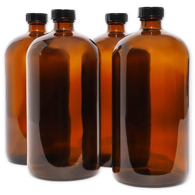 Juvale 4 Pack Boston Round Bottles with Caps, Kombucha and Drink Growler, Amber (32 oz)