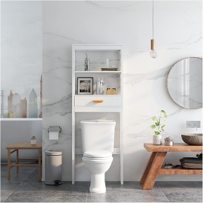Acekool Bathroom Over Toilet Storage Cabinet with 1 Drawer and 2 Open Shelves,  Freestanding Wooden Storage Shelf for Bathroom White