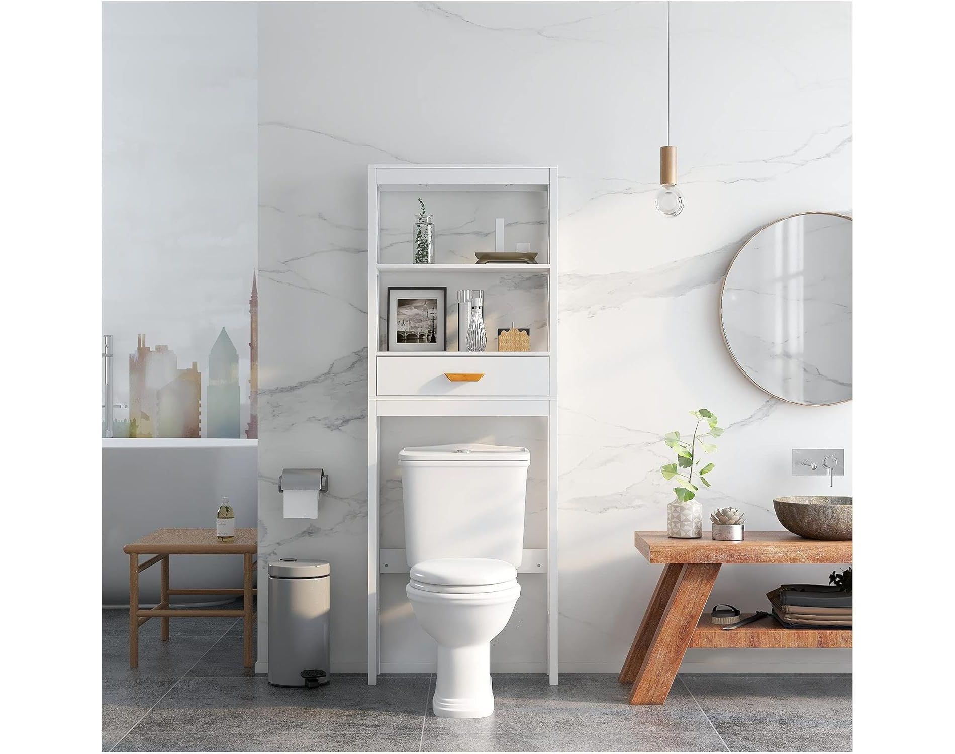 Acekool Bathroom Over Toilet Storage Cabinet with 1 Drawer and 2 Open Shelves,  Freestanding Wooden Storage Shelf for Bathroom White