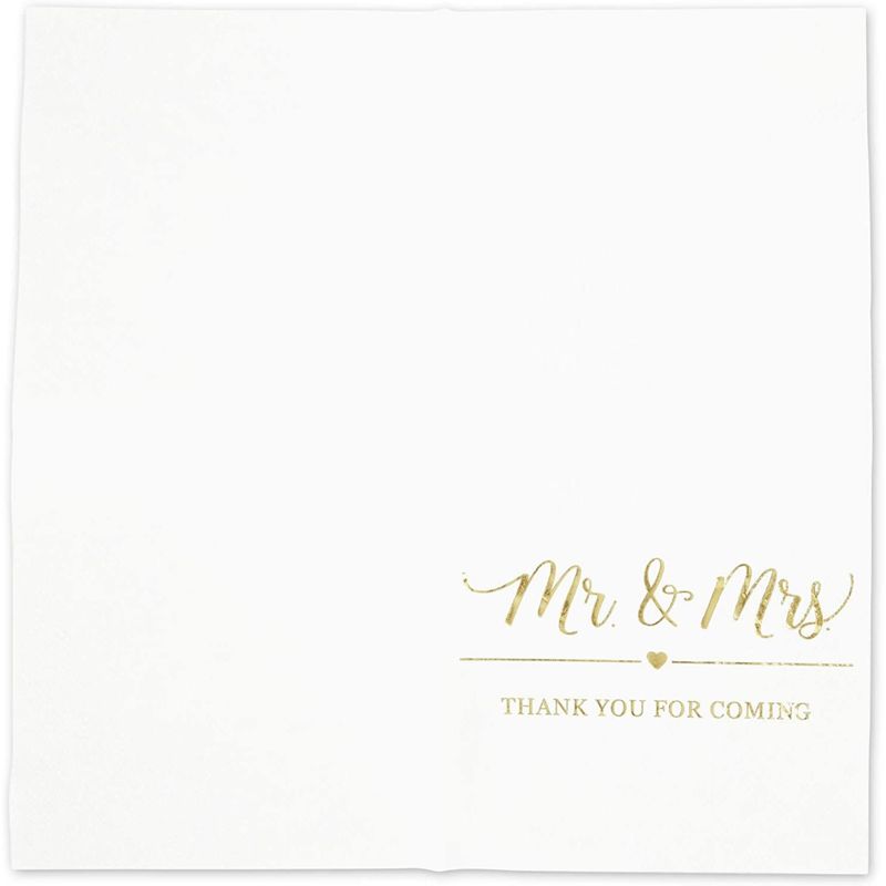 Sparkle and Bash 100x Mr Mrs Gold Foil Disposable Cocktail Napkins for Weddings Party, white 5 inch, 3 Ply, 5 of 7