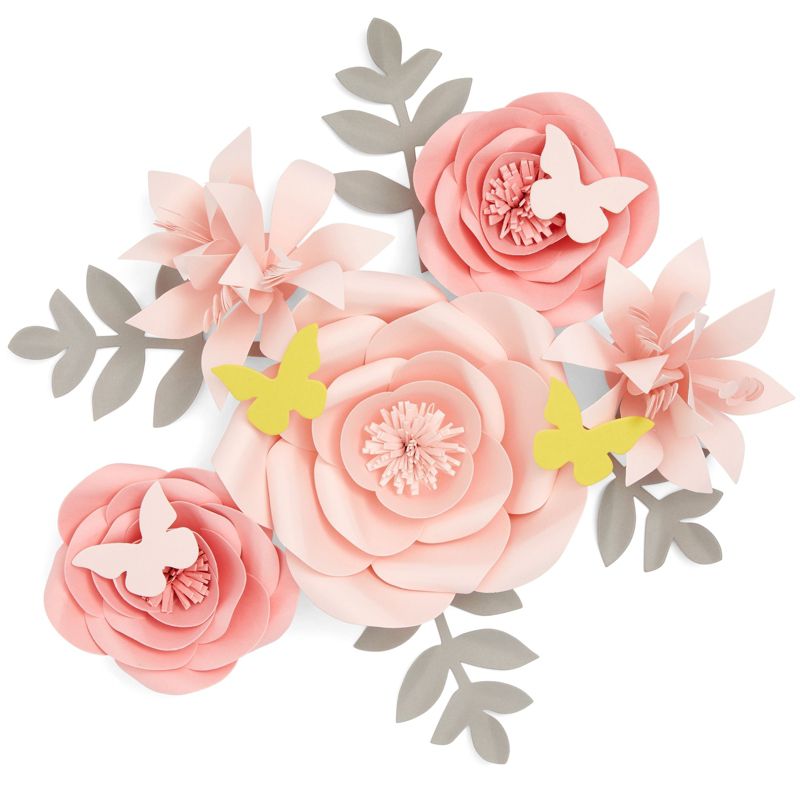 Farmlyn Creek 13 Pieces 3D Paper Flowers Decorations For Wall Decor, Pink Floral Ornamentation with Lilies and Butterflies, 1 of 9