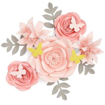 Farmlyn Creek 13 Pieces 3D Paper Flowers Decorations For Wall Decor, Pink Floral Ornamentation with Lilies and Butterflies