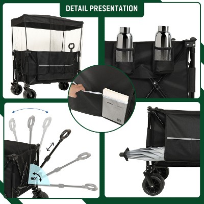 Collapsible Foldable Extended Wagon with canopy,480lbs Weight Capacity, Heavy Duty Folding Utility Garden Cart with Big All-Terrain