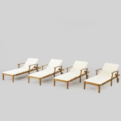 Perla 4pk Acacia Wood Patio Chaise Lounge - Teak/Cream - Christopher Knight Home