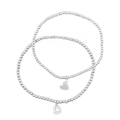 Adornia Sterling Silver Plated Stretch Bracelet Set With Mini Crystal Initial