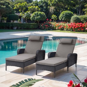 Buenhomino Outdoor Chaise Lounge Chairs Set, Set of 2 Wicker Patio Reclining Chairs with Adjustable Backrest and Cushion, Rattan Lounger for Pool - 1 of 4