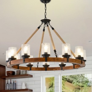 BAOURE Rustic Farmhouse Wagon Wheel Chandelier with Seeded Glass Shade, 6 Light Round Wood Pendant Light for Dining Room Living Room Foyer, Brown 21in - 1 of 4