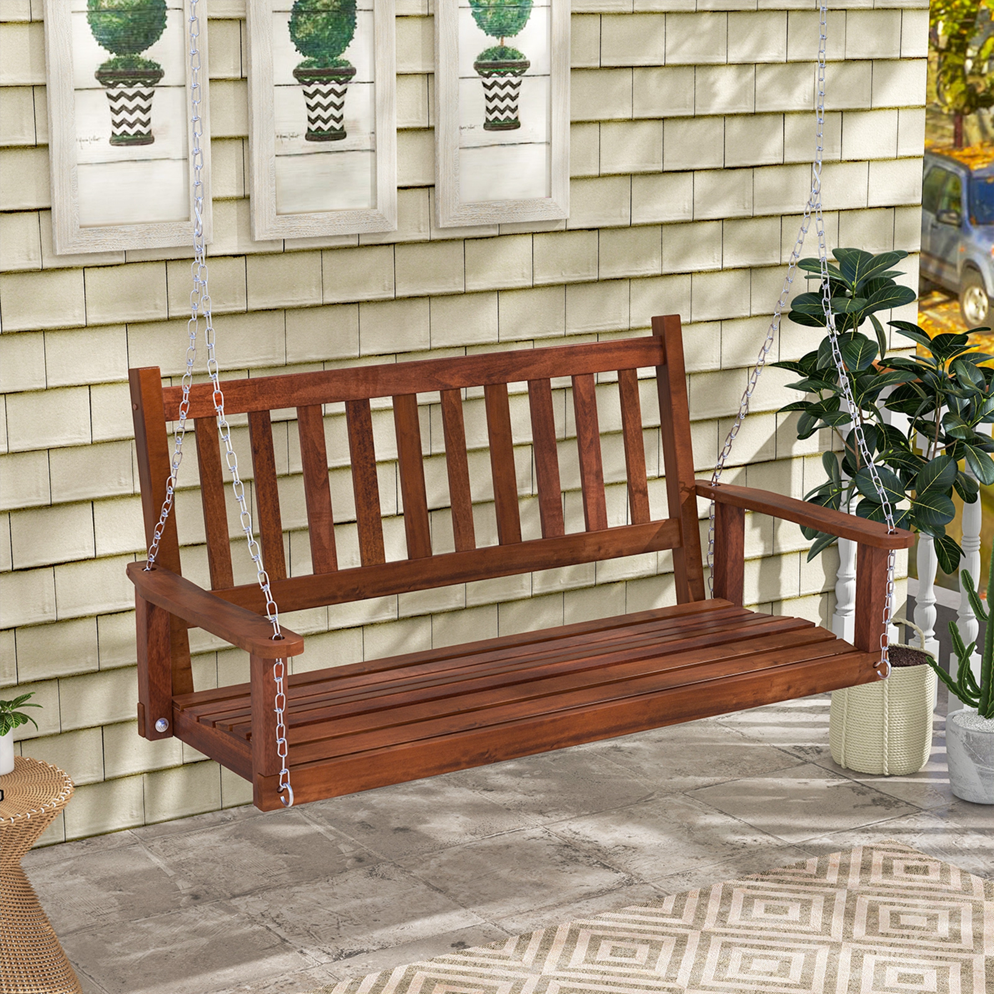 Costway 2-Person Wooden Outdoor Porch Swing Heavy Duty Patio Hanging Bench Chair Brown