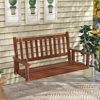 Costway 2-Person Wooden Outdoor Porch Swing Heavy Duty Patio Hanging Bench Chair Brown/White