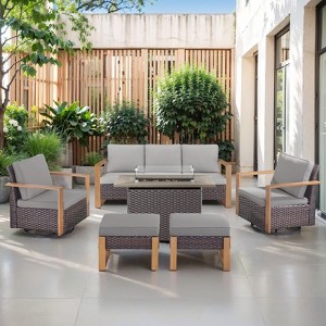 4 Pieces Patio Furniture Set with 41" Propane Fire Pit Table, Deep Seating Wicker Sofa Couch with Swivel Glider Chairs Set Patio Conversation Set - 1 of 4