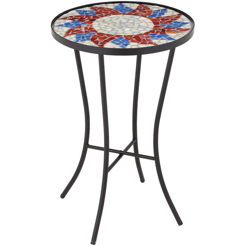 Teal Island Designs Modern Black Metal Round Outdoor Accent Side Table 14" Wide Red Mosaic Tabletop Front Porch Patio Home Balcony, 1 of 8