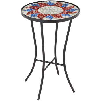 Teal Island Designs Modern Black Metal Round Outdoor Accent Side Table 14" Wide Red Mosaic Tabletop Front Porch Patio Home Balcony