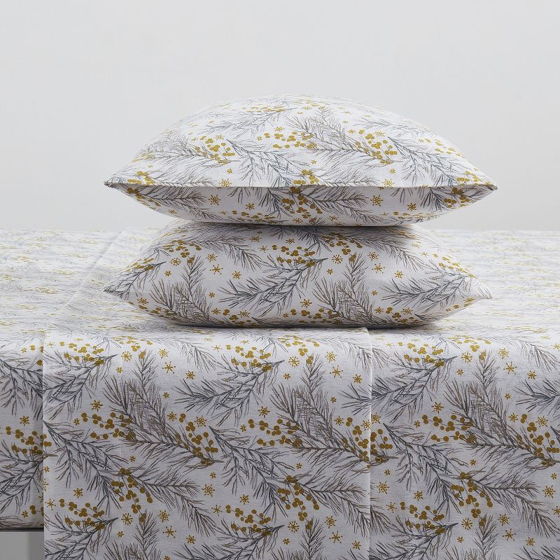 Kate Aurora Holiday Essentials Cozy Bed Collection Deep Pocket 100% Cotton Flannel Christmas Gold Pines 4 Piece Sheet Set, 1 of 4