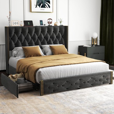 PAGED Bed Frame with Sockets, Velvet Upholstered Platform Bed Frame with 2 Storage Drawers and Wingback Headboard, Easy Assembly