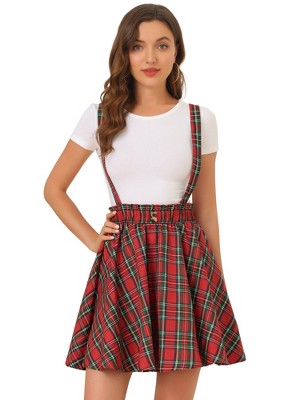 INSPIRE CHIC Women's Plaid Pleated Mini Tartan Overall Skater Suspender Skirt