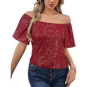Women's Sequin Glitter Blouse Square Neck Short Sleeve Shirt Top - 1 of 4