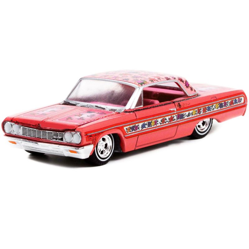1964 Chevrolet Impala Lowrider Pink Metallic with Rose Graphics and Pink Interior 1/64 Diecast Model Car by Greenlight, 2 of 4