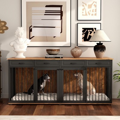 FUFU&GAGA 86.6" Large Dog Crate Furniture Wooden Dog Kennel with 4 Drawers