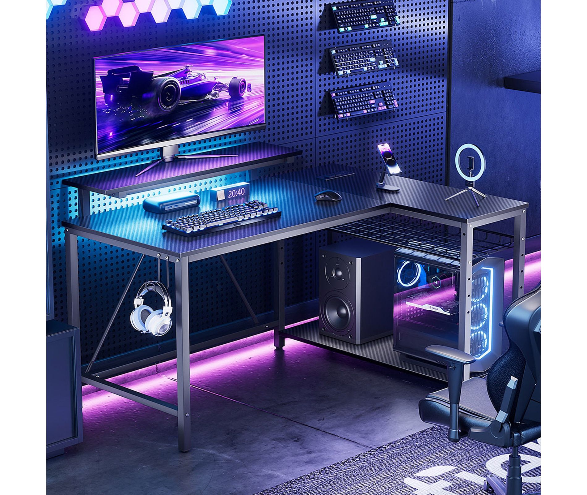 Bestier 42" Reversible L-Shaped Gaming Desk with Power Outlets & LED Lights & Monitor Stand & Storage Shelves & Hooks for Bedroom & Home Office