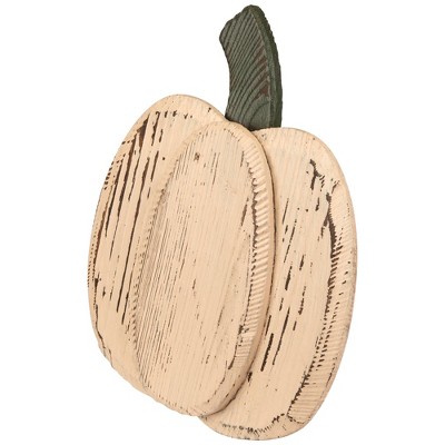 Small White Wooden Fall Harvest Pumpkin Figurine with Green Stem