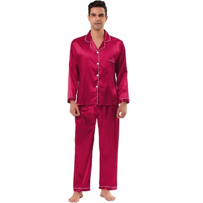 TATT 21 Men's Long Sleeves Solid Color Button Down Satin Pajama Set 2 Pieces