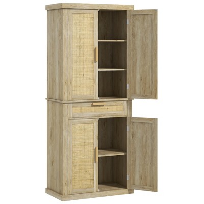 72" Tall Kitchen Cabinet, Kitchen Pantry Cabinet with Rattan Doors, Drawer, 5-Tier Shelf and Adjustable Shelves
