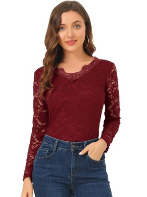 INSPIRE CHIC Women's Floral Embroidery Sheer Long Sleeves Lace Blouse