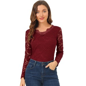 INSPIRE CHIC Women's Floral Embroidery Sheer Long Sleeves Lace Blouse - 1 of 4