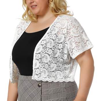 Agnes Orinda Women's Plus Size Lace Allover Spring Off Lightweight Short Sleeve Crop Shrugs
