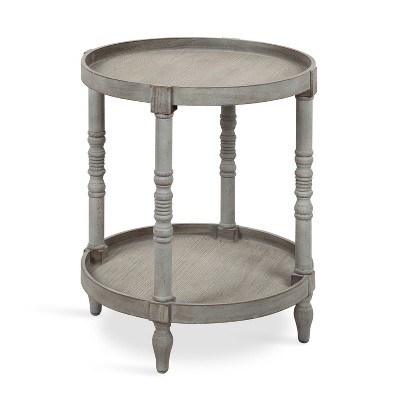 Bellport Classic Round Wood Side Table with Lower Shelf, Distressed Gray