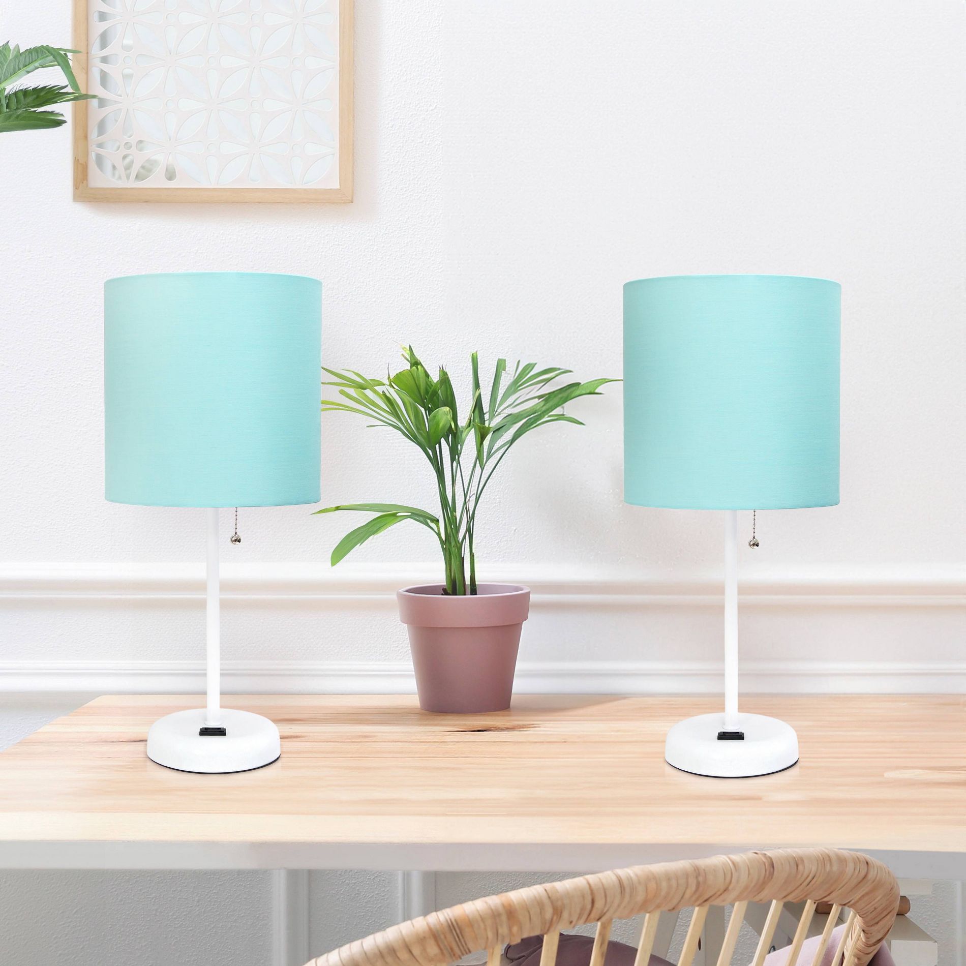 Creekwood Home Set of 2 Oslo 19.5" Power Outlet Base Metal Table Desk Lamps in White with Aqua Blue Shade