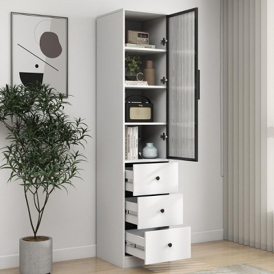 INFURNIC Decorative Storage Cabinets Elegant White Storage Cabinet with 3 Drawers and Glass Doors for Living Room, White, 15.75"*15.75"*70.87"