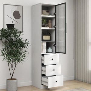 INFURNIC Decorative Storage Cabinets Elegant White Storage Cabinet with 3 Drawers and Glass Doors for Living Room, White, 15.75"*15.75"*70.87" - 1 of 4