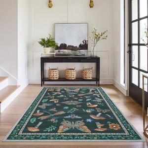 2x6FT Modern Washable Area Rug, Insect Floral Print Floor Cover with Non Slip Backing, Low Pile Stain Resistant Indoor Carpet for Bedroom - 1 of 4