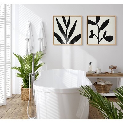 Modern Black and White Botanical Canvas Print with Natural Frame
