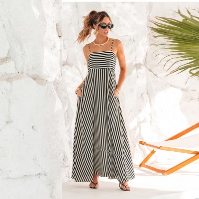Women‘s Striped Spaghetti Strap Maxi Dress with Tiered Skirt - Cupshe