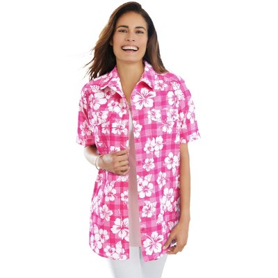 Woman Within Plus Size Short-Sleeve Cotton Campshirt
