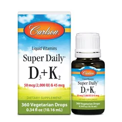 Carlson - Super Daily D3+K2, 50 mcg (2000 IU) & 45 mcg, Liquid Vitamins D & K, Vegetarian, Unflavored, 360 Drops