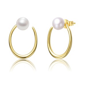 Guili Sterling Silver 14K Yellow Gold Plated Earrings with White Freshwater Pearl, Featuring Oblong Oval Halo Hoop Dangle Drop Design - 1 of 2