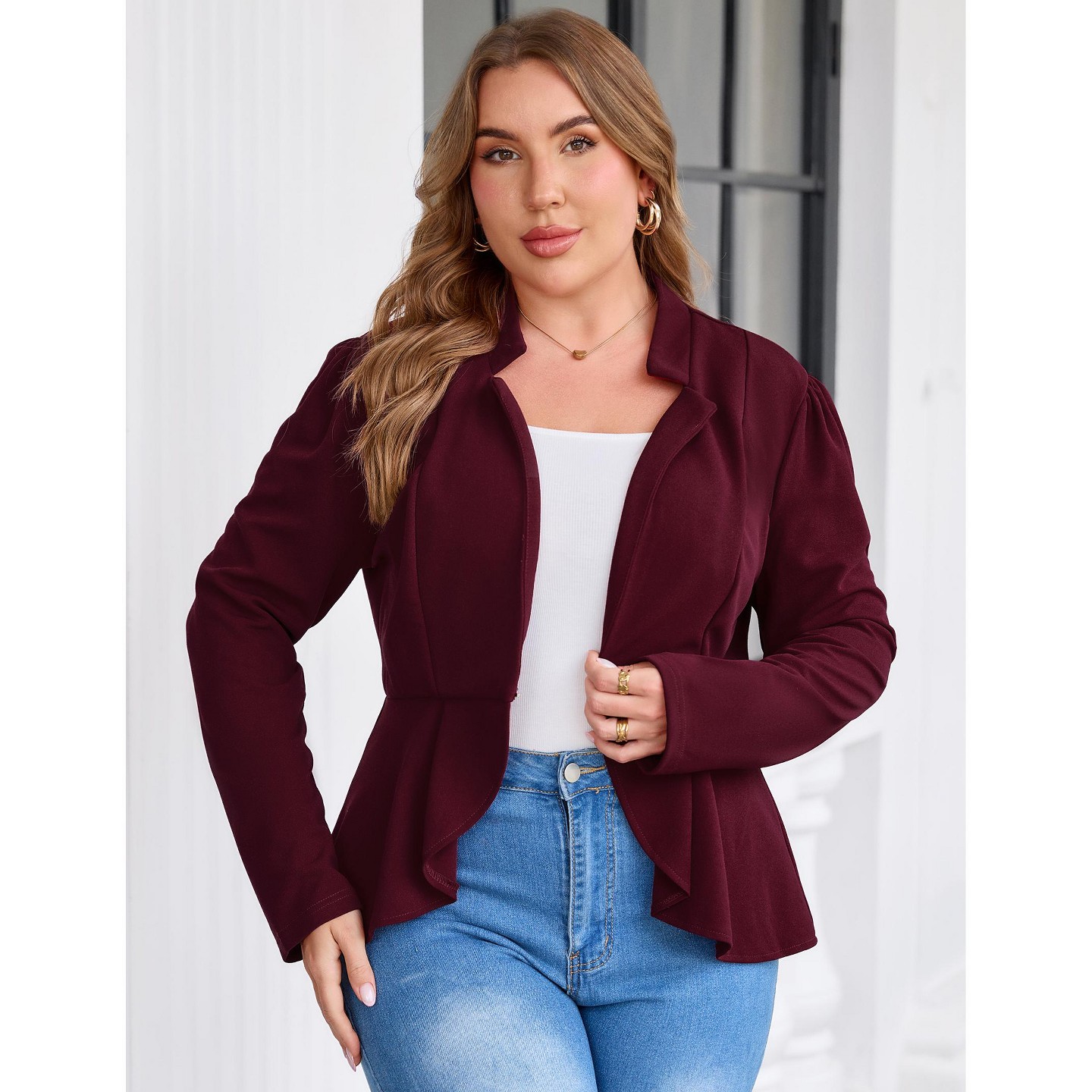 Женская куртка YesFashion Women Plus Size Peplum Blazer Open Front Notched Lapel Long Sleeve Tailored Outerwear Jacket, RED, цвет: Красный — фото 3