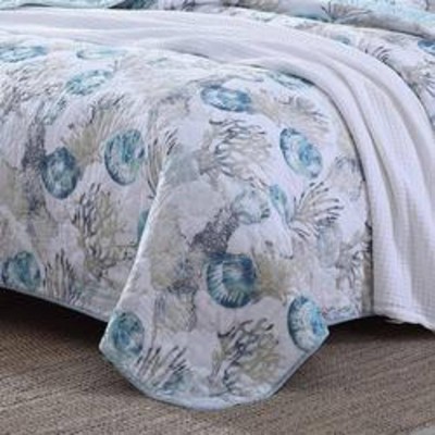 Freeport Full/Queen Blue Cotton Reversible Quilt Set with Aquatic Motifs