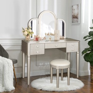 Vanity Set,Mirrored Vanity Table With LED Light And Drawers,Makeup Vanity Table And Cushioned Stool,Vanity Set For Bedroom-Cuddlewood - 1 of 4
