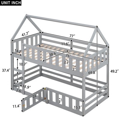 Gulches Twin over Twin House Bunk Bed - Fence, Small Door, Solid Pine Wood & MDF, Gray