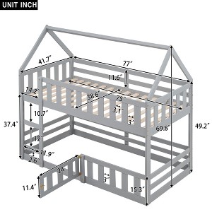 Gulches Twin over Twin House Bunk Bed - Fence, Small Door, Solid Pine Wood & MDF, Gray - 1 of 4