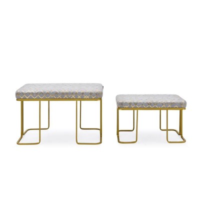 2 Piece Grey-Gold Geometric Fabric Upholstered Ottoman - Hodedah