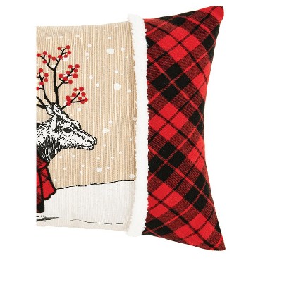 Christmas Deer Embroidered Beige and Red Throw Pillow