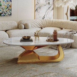 Sapphtopaz Modern Faux Marble Coffee Table with Sintered Stone Tabletop,Oval Coffee Table for Living Room, Living Room Table with Stainless Steel Base - 1 of 4