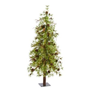 5ft. Alpine Artificial Christmas Tree with 100 Clear Multifunction LED Lights & Pine Cones on Trunk –  Holiday X-Mas Accent - 1 of 4